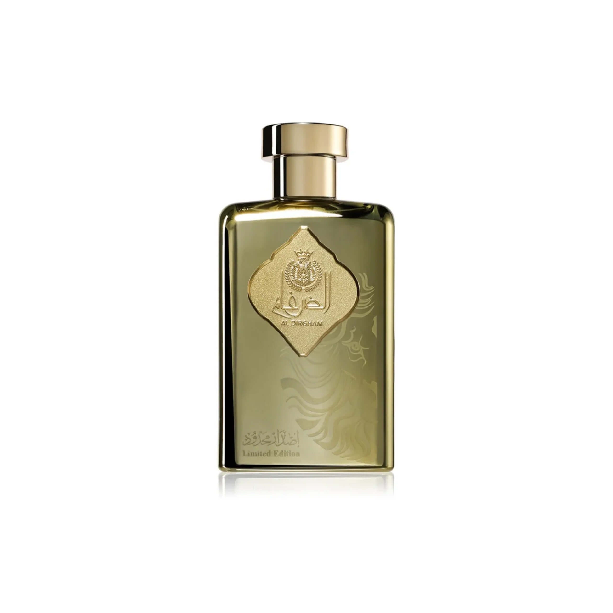 ARD AL ZAAFRAN – AL DIRGHAM unisex parfumflacon op witte achtergrond met bergamot, jeneverbes en tonkaboon – een verfrissende en warme geur met houtachtige diepte